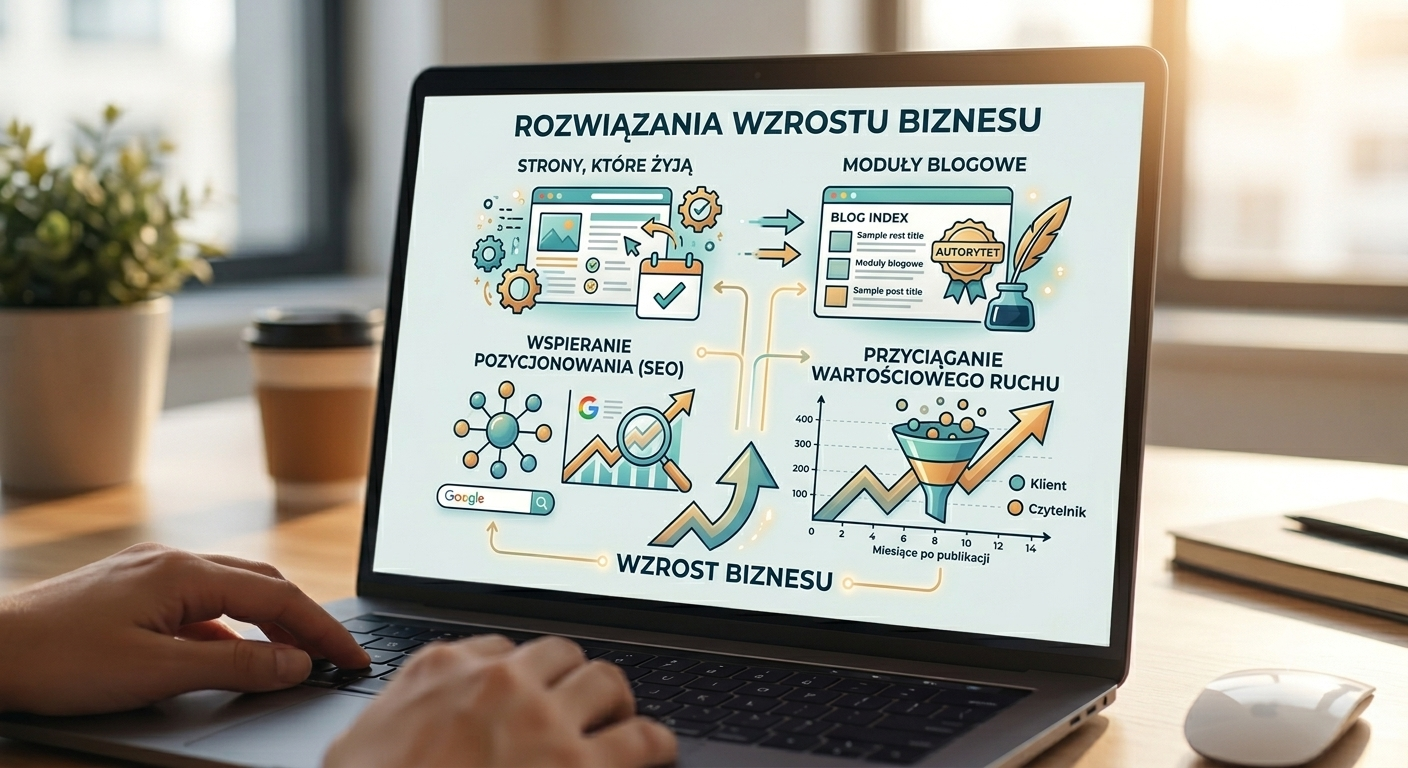 Schemat przedstawiający, jak wyjątkowy projekt strony www wpływa na rozwój firmy poprzez optymalizację SEO, prowadzenie bloga i skuteczne pozyskiwanie klientów.