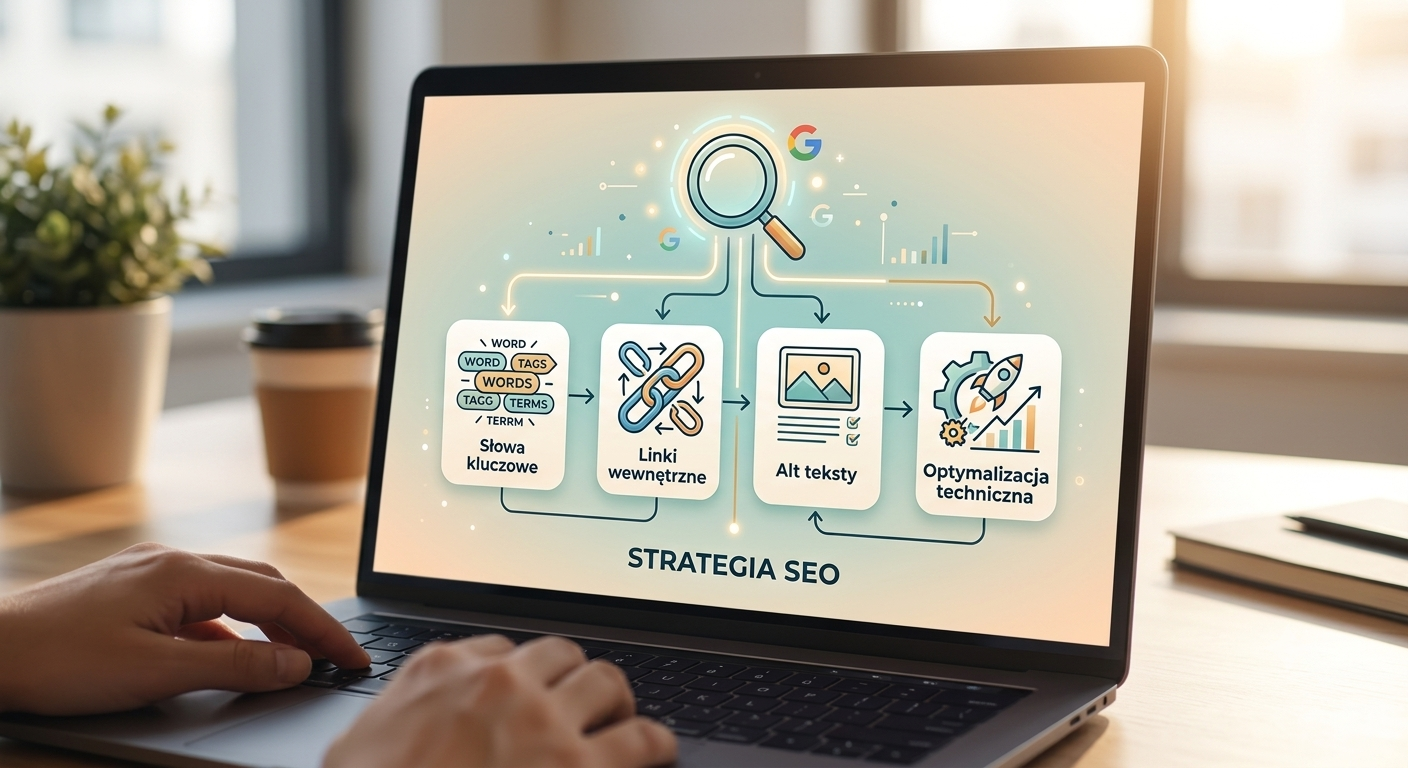 Grafika przedstawiająca elementy strategii SEO niezbędne, by stworzyć wyjątkowy projekt strony www, takie jak alt teksty czy linkowanie wewnętrzne.